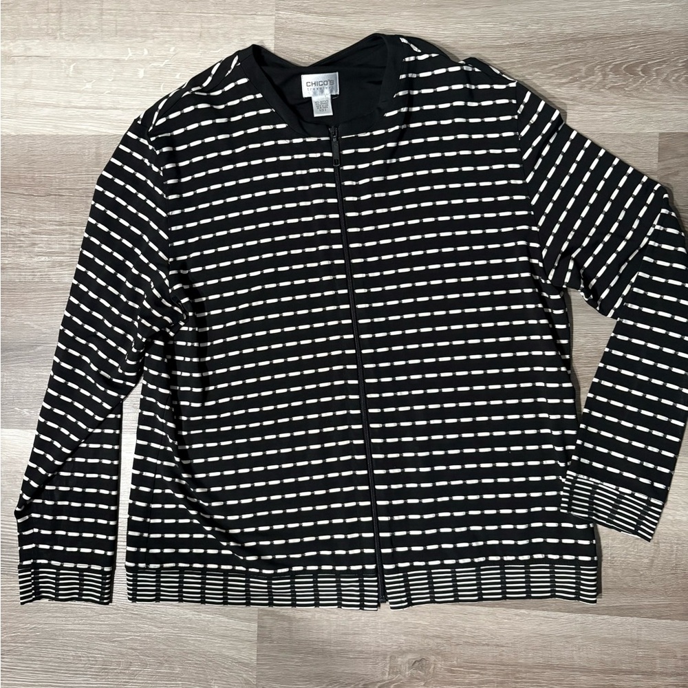 Chico's Black and White Striped Zip-Up Blazer